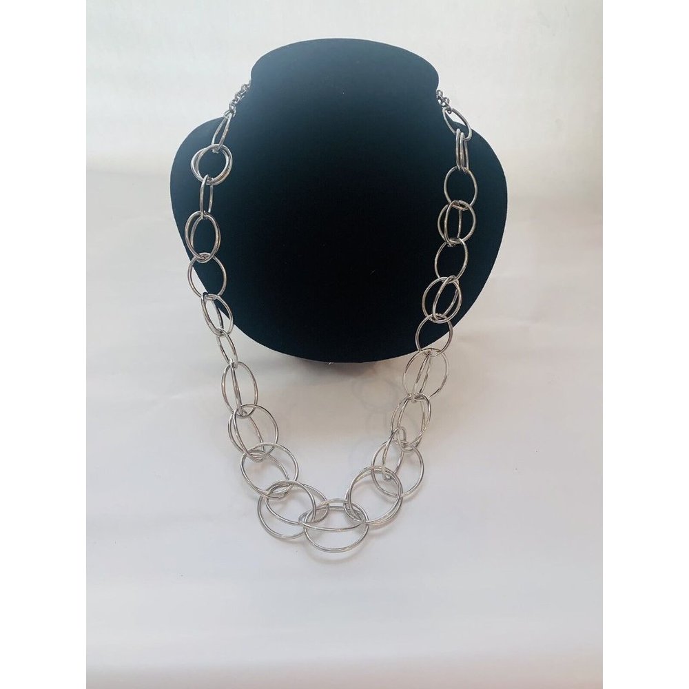 Long Stainless Steel Silver Tone Long Circle Link Necklace Vtg. Estate 38-42”